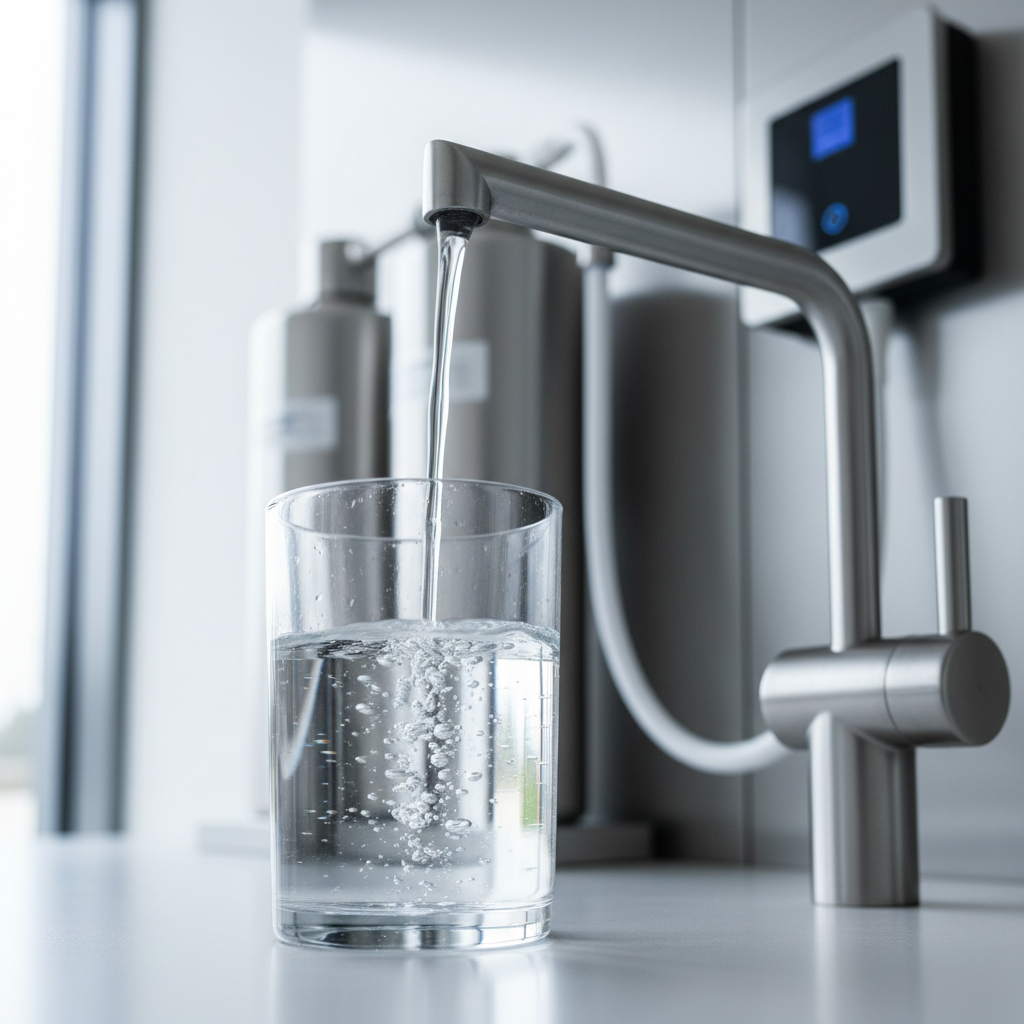 Crystal-clear purified water streaming from stainless steel tap into glass vessel in luxury water facility Crystal-clear purified water streaming from stainless steel tap into glass vessel in luxury water facility