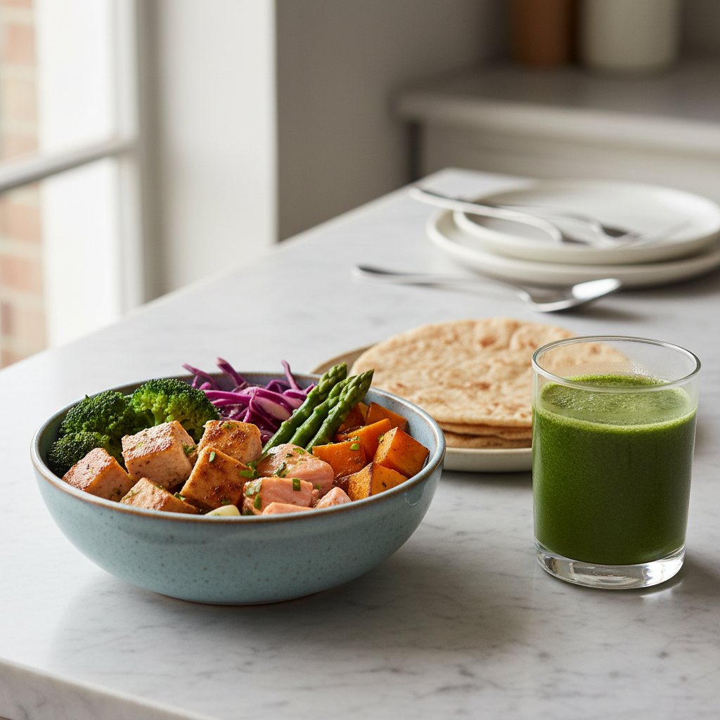 Premium plated meal with air-fried protein, fresh vegetables, roti, and vegetable juice in natural light Premium plated meal with air-fried protein, fresh vegetables, roti, and vegetable juice in natural light