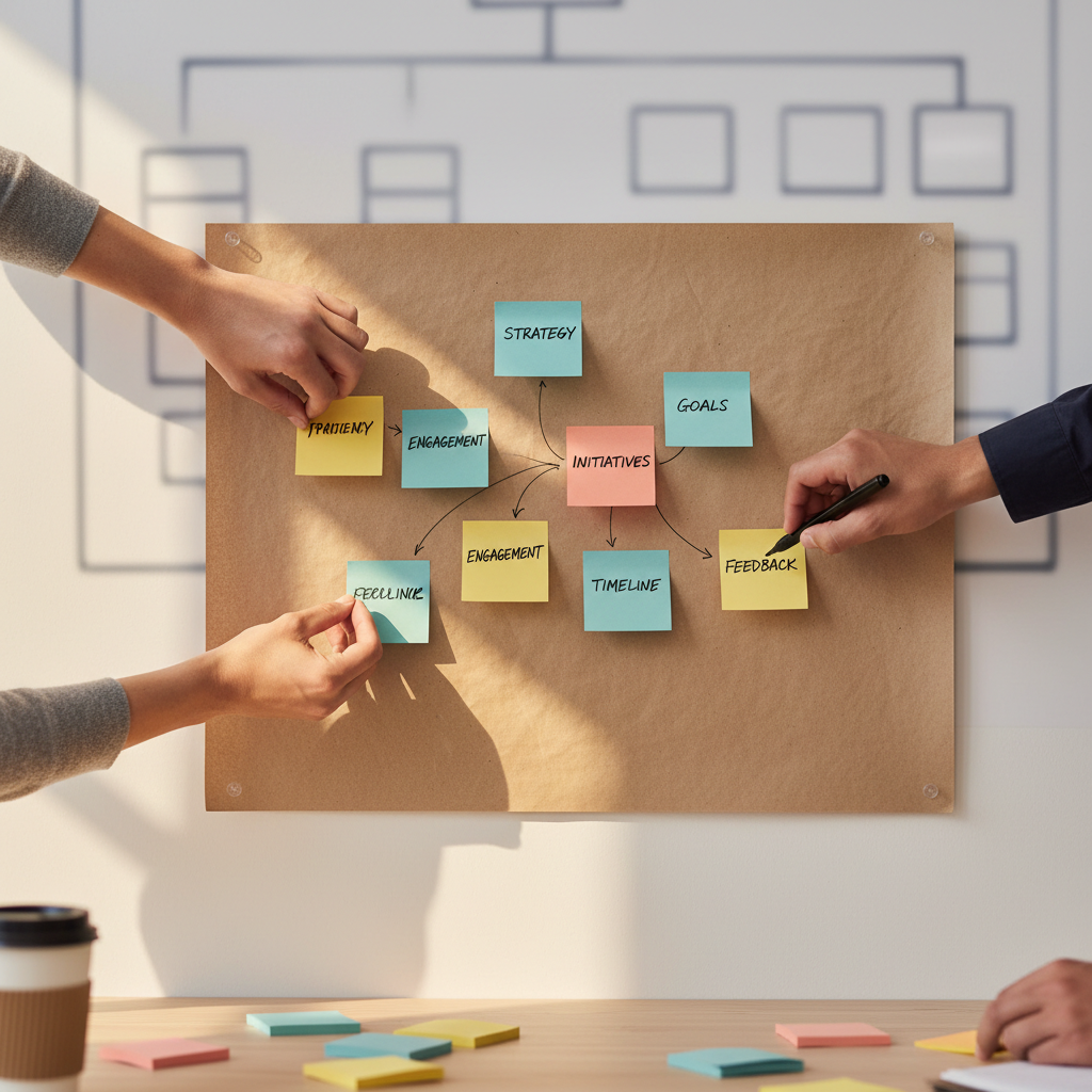 Overhead view of diverse hands arranging colorful sticky notes on kraft paper planning board for communication strategy Overhead view of diverse hands arranging colorful sticky notes on kraft paper planning board for communication strategy
