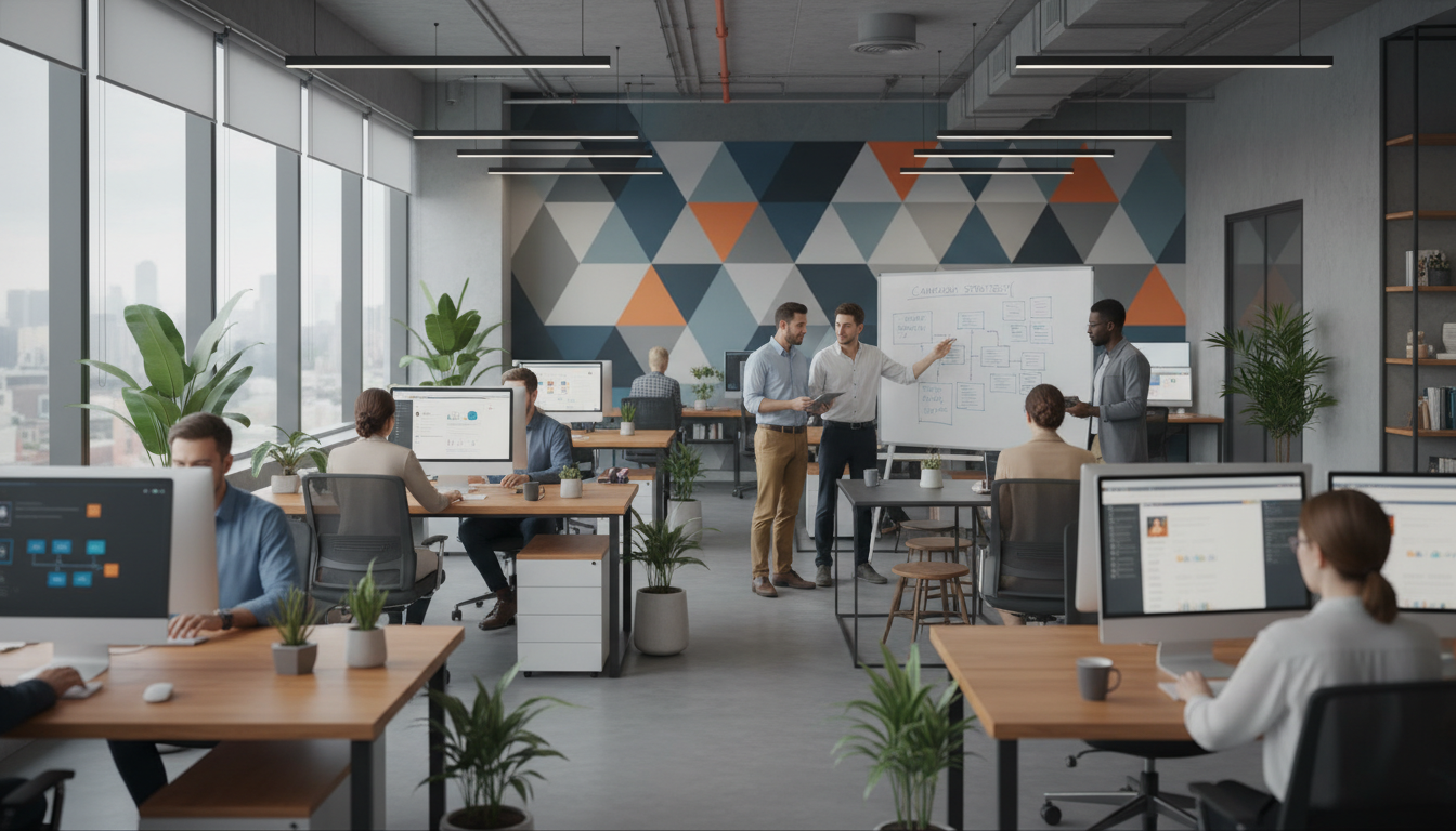 Modern open-plan marketing agency office with diverse team collaborating at desks with multiple monitors and strategy whiteboards Modern open-plan marketing agency office with diverse team collaborating at desks with multiple monitors and strategy whiteboards