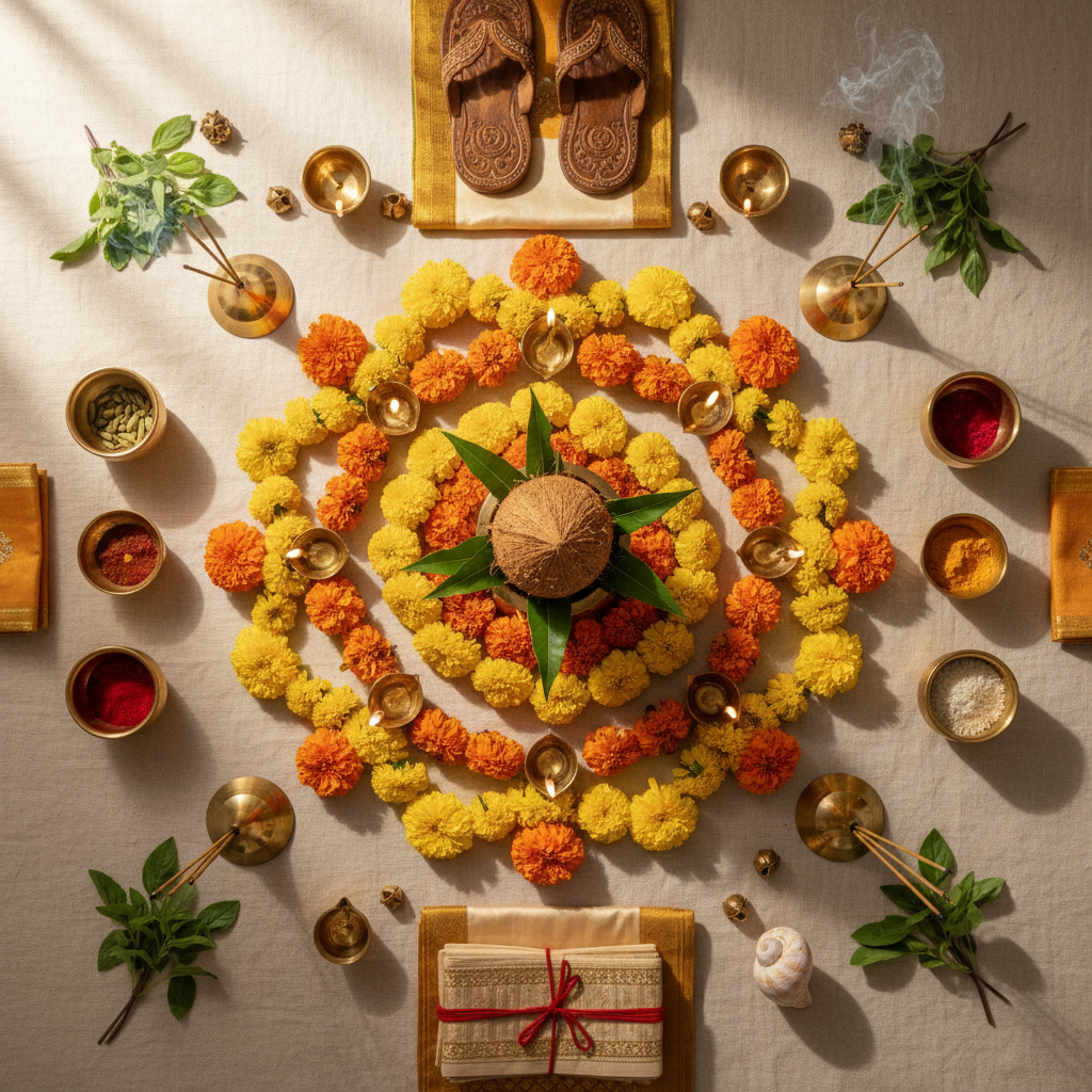 Overhead arrangement of Vedic ceremony elements including marigolds, incense, and ritualistic items on neutral linen