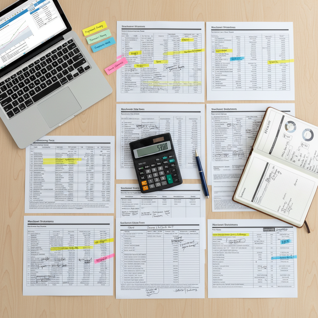 Overhead view of organized fee audit workspace with merchant statements, highlighted cost areas, and comparative analysis Overhead view of organized fee audit workspace with merchant statements, highlighted cost areas, and comparative analysis