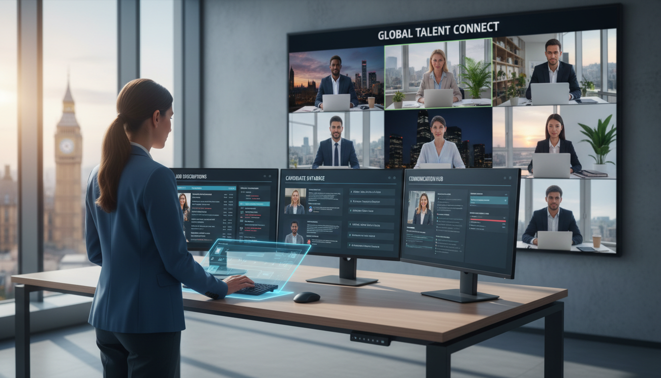 Recruiter at standing desk in video conference with global team members on monitors across multiple locations
