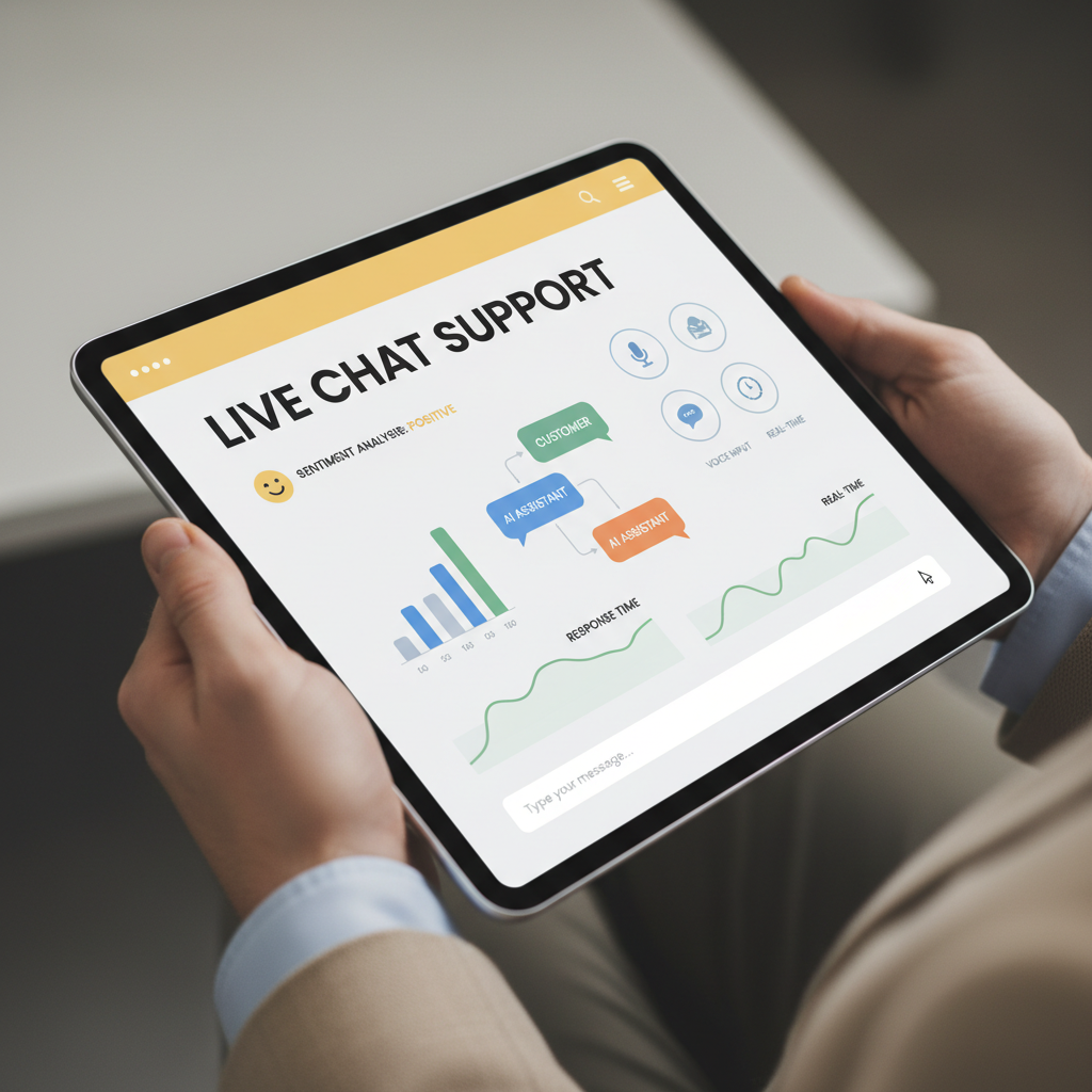Close-up of tablet screen showing AI customer service interface with sentiment analysis and conversation flow