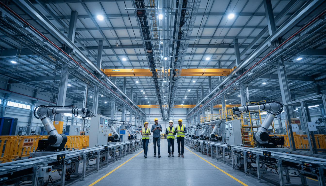 Extracting production context from existing PLCs is the first step toward calculating SEC. Engineer inspecting an industrial control panel with a programmable logic controller to identify energy data tags.