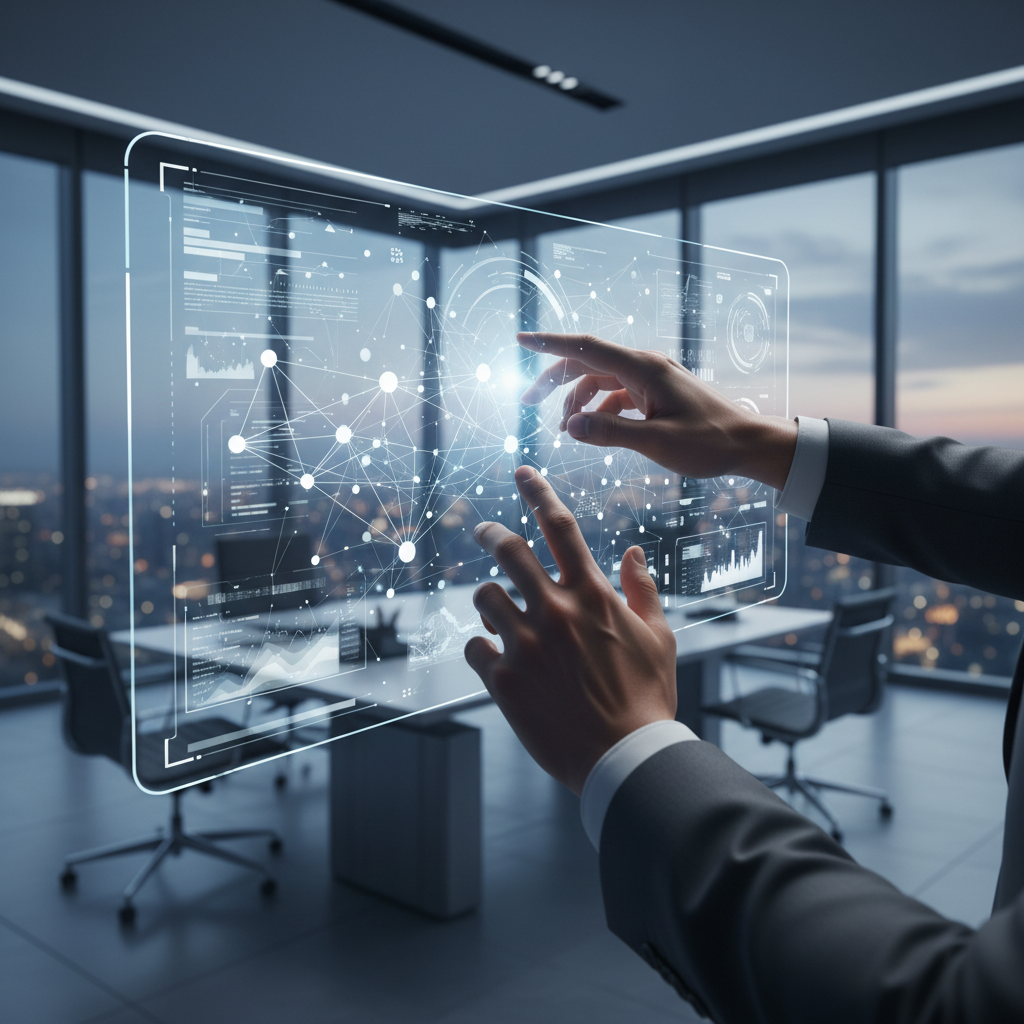 Strategist hands interacting with holographic AI interface display showing data visualization in modern office with city skyline view Strategist hands interacting with holographic AI interface display showing data visualization in modern office with city skyline view