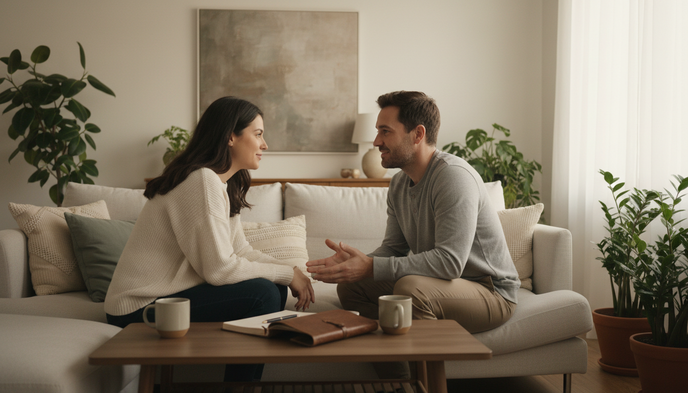 Couple engaged in sincere conversation on home sofa, warm evening lighting, attentive body language and emotional openness