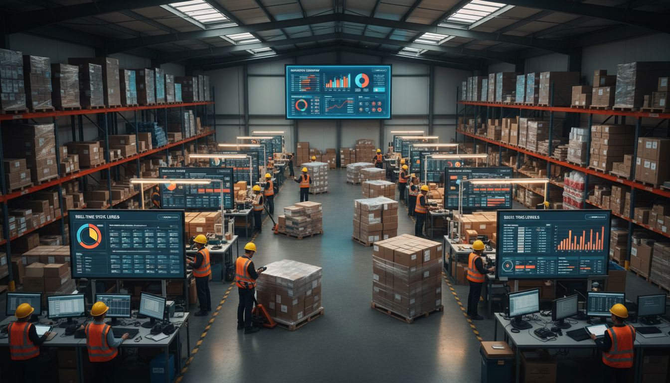 Warehouse workers managing inventory with digital tablets in bright industrial facility with organized shelving and supply chain displays