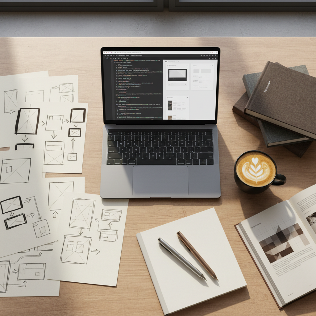 A cluttered calendar often leads to a cluttered mind, making focus nearly impossible. An organized desk with a paper planner, laptop, and coffee portraying a calm and productive workspace.
