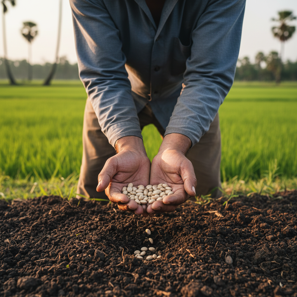 Farmer's hands examining quality seeds over fertile soil in golden sunlight