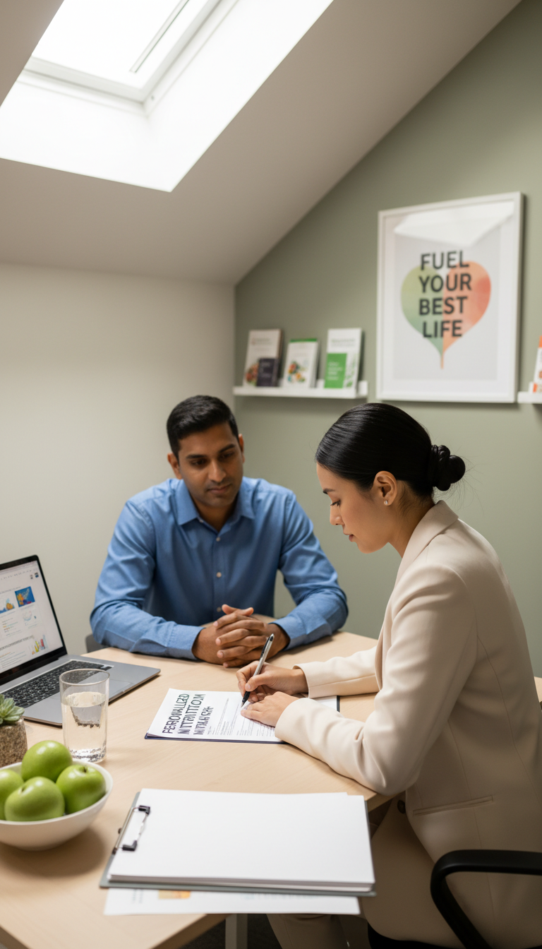 Nutrition consultant taking detailed intake notes during initial assessment meeting with client