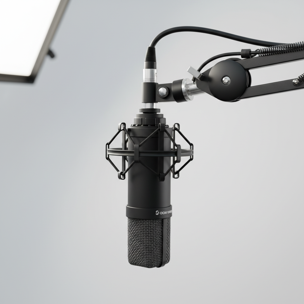 Close-up of professional microphone mounted on articulated boom arm with neutral background