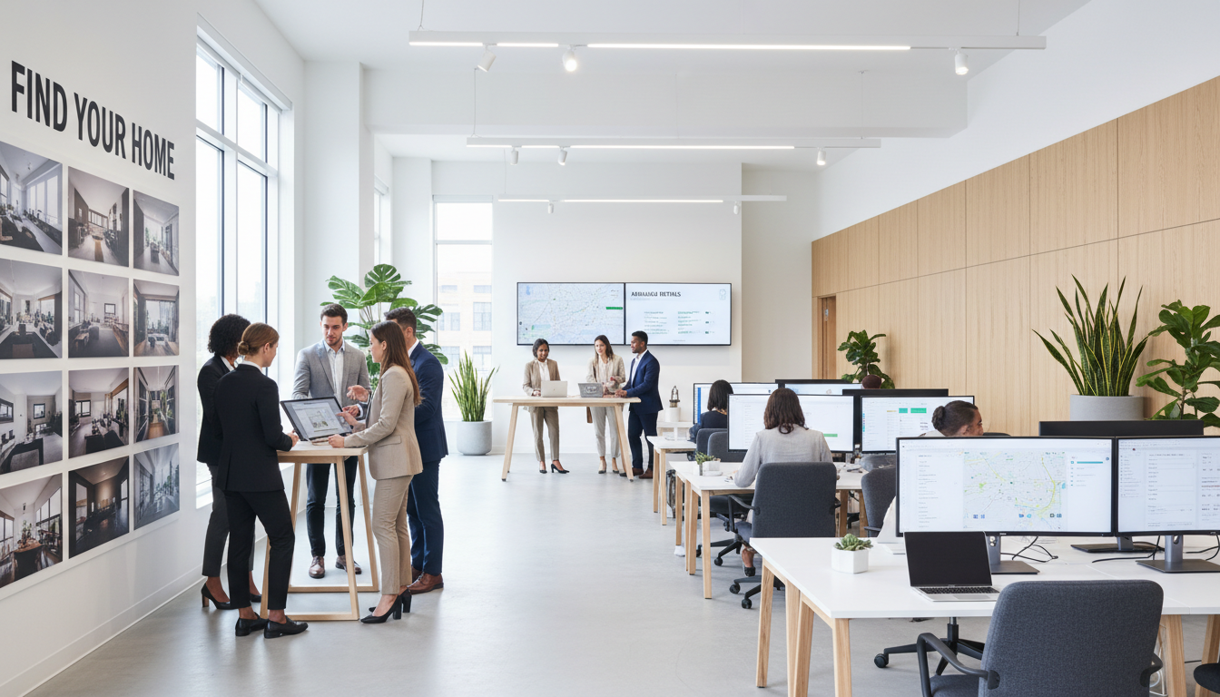 Bright modern real estate office with diverse professionals consulting clients and reviewing property listings at desks and collaborative areas
