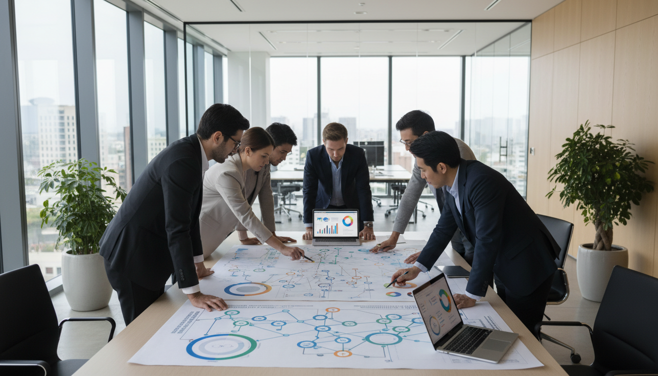Transitioning from manual spreadsheets to an ERP system enables scalable growth for manufacturers. Professional consultants reviewing supply chain diagrams in a modern bright meeting room.