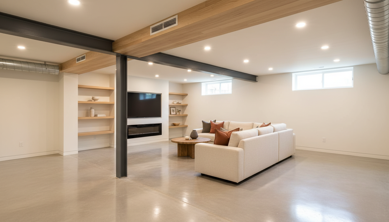 Modern finished basement living space with comfortable seating, recessed lighting, and natural daylight from window wells Modern finished basement living space with comfortable seating, recessed lighting, and natural daylight from window wells