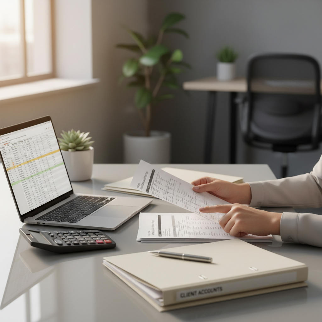 Consultant reviewing financial documents and spreadsheets at organized desk with calculator and laptop in natural light