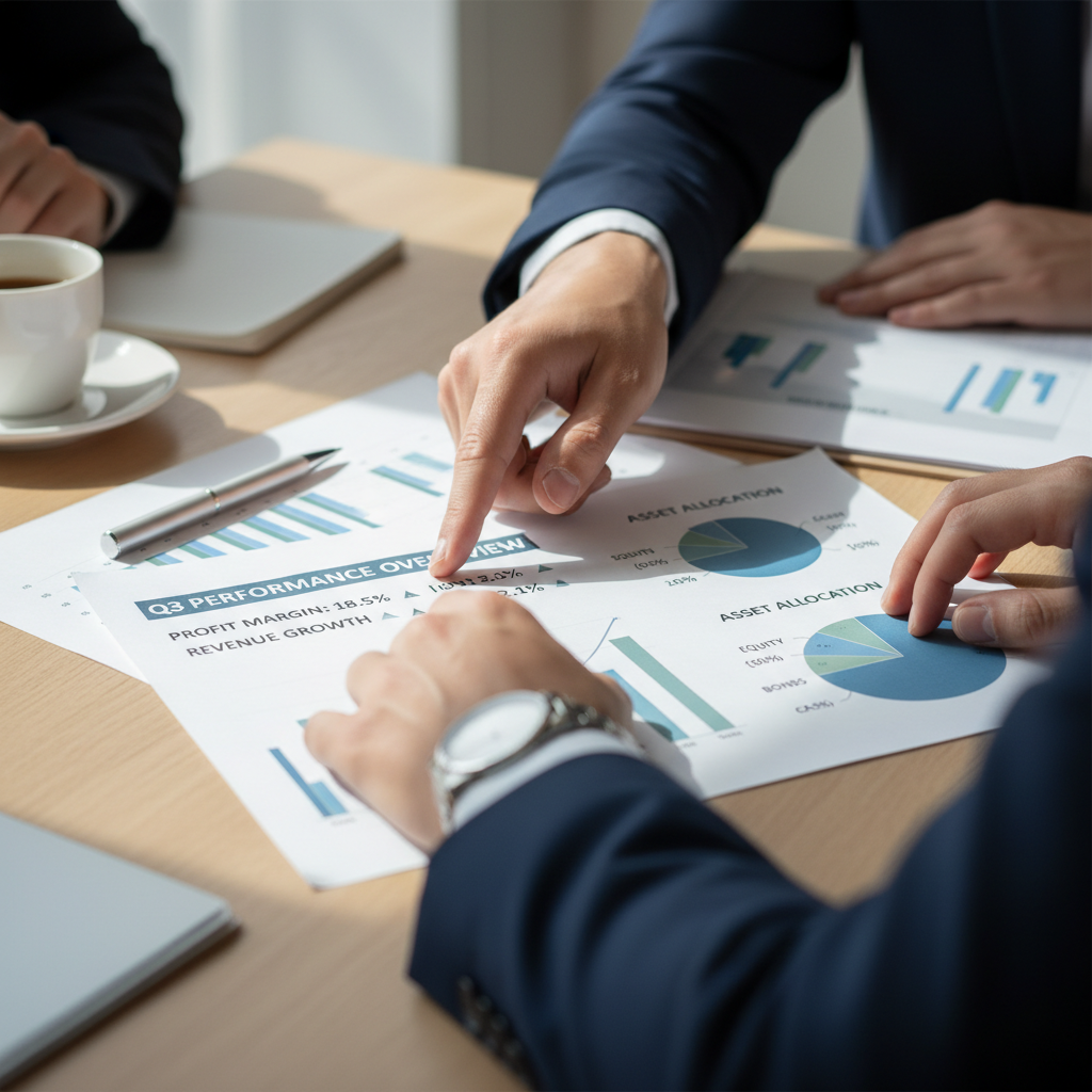 Financial consultant's hands pointing to spreadsheet metrics during client accounting consultation with coffee and documents on wooden desk Financial consultant's hands pointing to spreadsheet metrics during client accounting consultation with coffee and documents on wooden desk