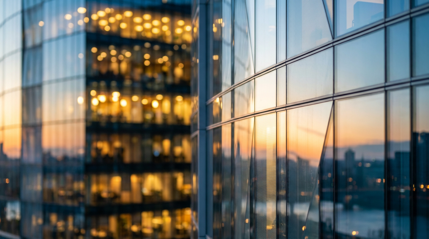 Comprehensive business services, including identity protection, form the bedrock of a secure future. A modern glass office building exterior at sunset, representing corporate stability and protection.