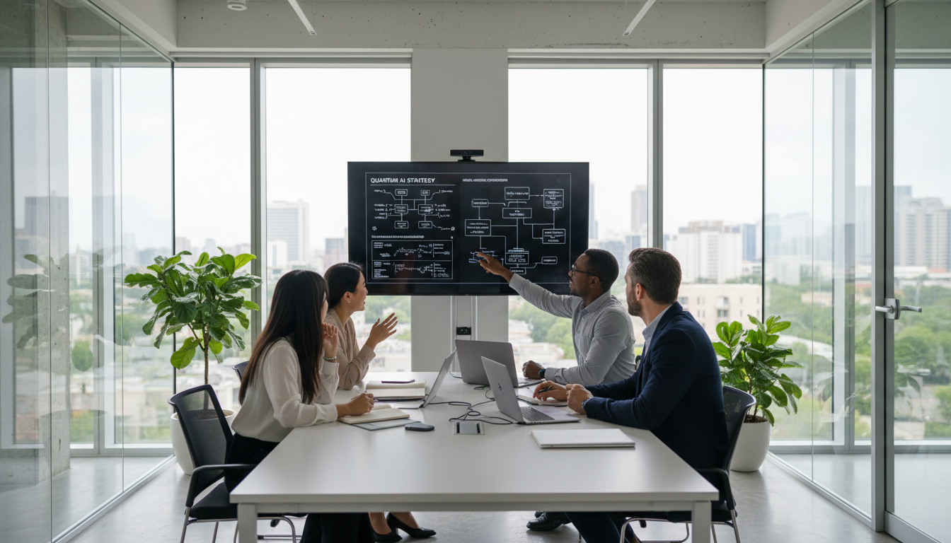 Diverse team of professionals collaborating in modern glass conference room reviewing AI system architecture on wall display screen Diverse team of professionals collaborating in modern glass conference room reviewing AI system architecture on wall display screen