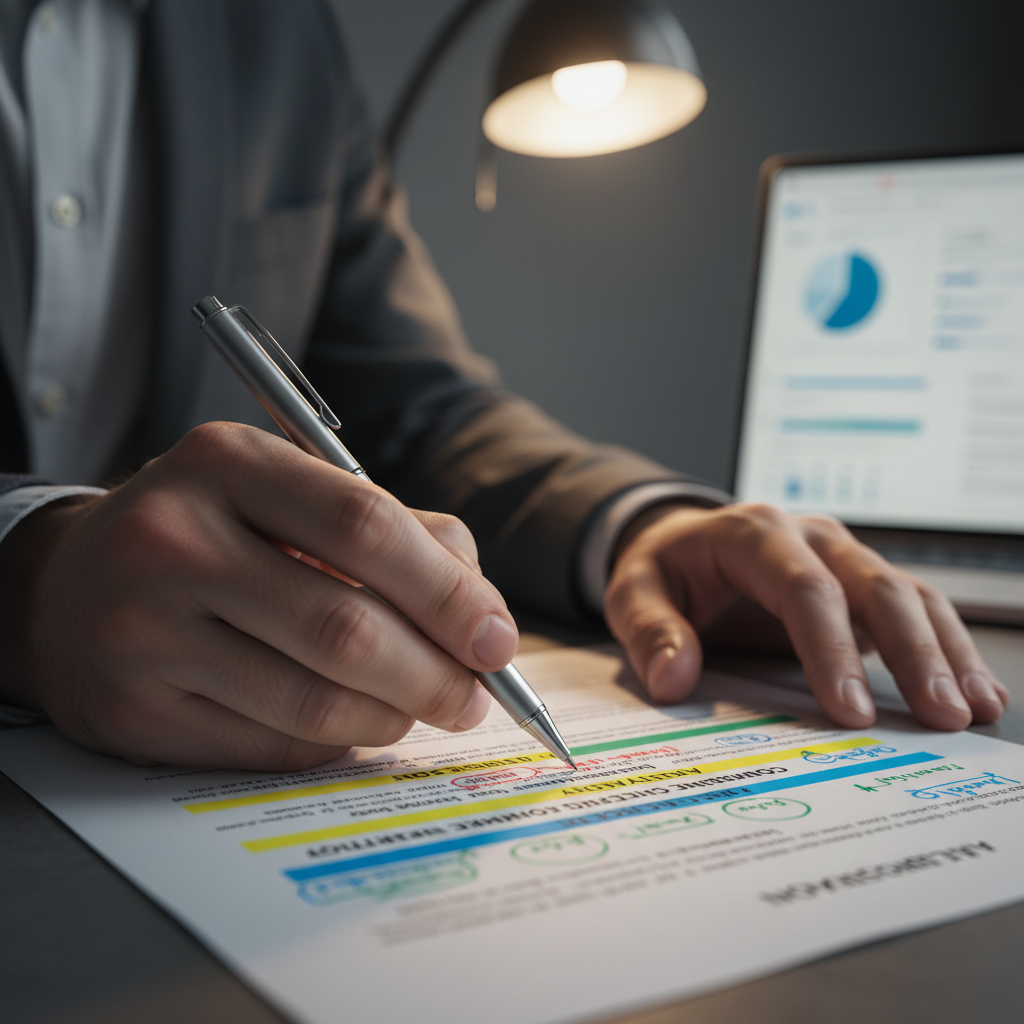Compliance officer annotating regulatory AI governance document with precision pen in professional office setting Compliance officer annotating regulatory AI governance document with precision pen in professional office setting