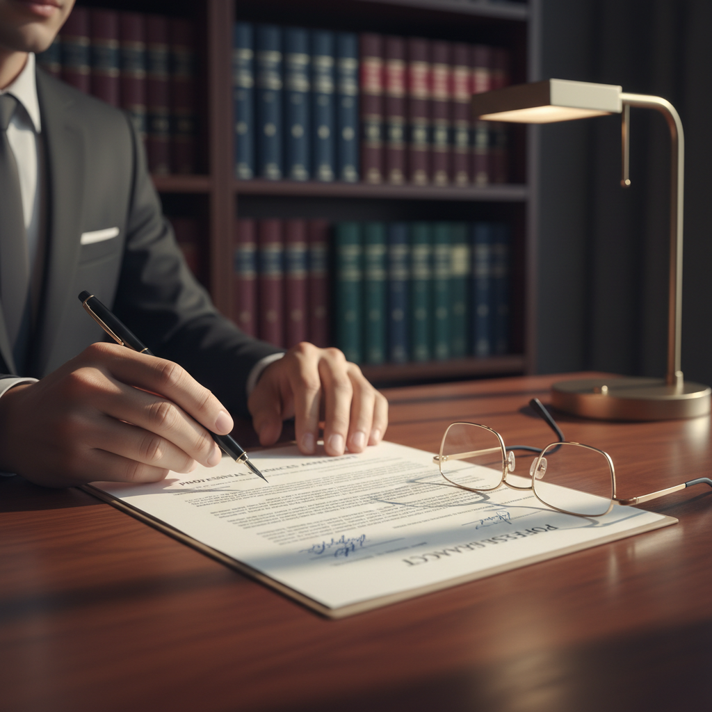 Lawyer's hands reviewing contract document with pen and glasses at wooden desk with law books visible