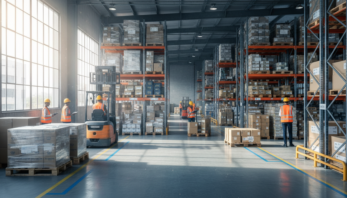 Workers in safety gear managing organized product inventory on multiple warehouse shelving levels with natural light Workers in safety gear managing organized product inventory on multiple warehouse shelving levels with natural light
