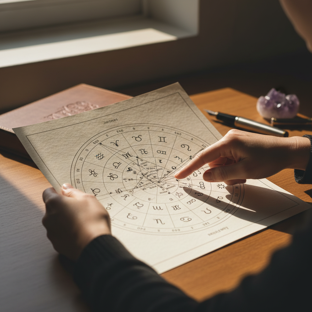 Hands holding open birth chart with zodiac wheel during intimate spiritual consultation by natural window light