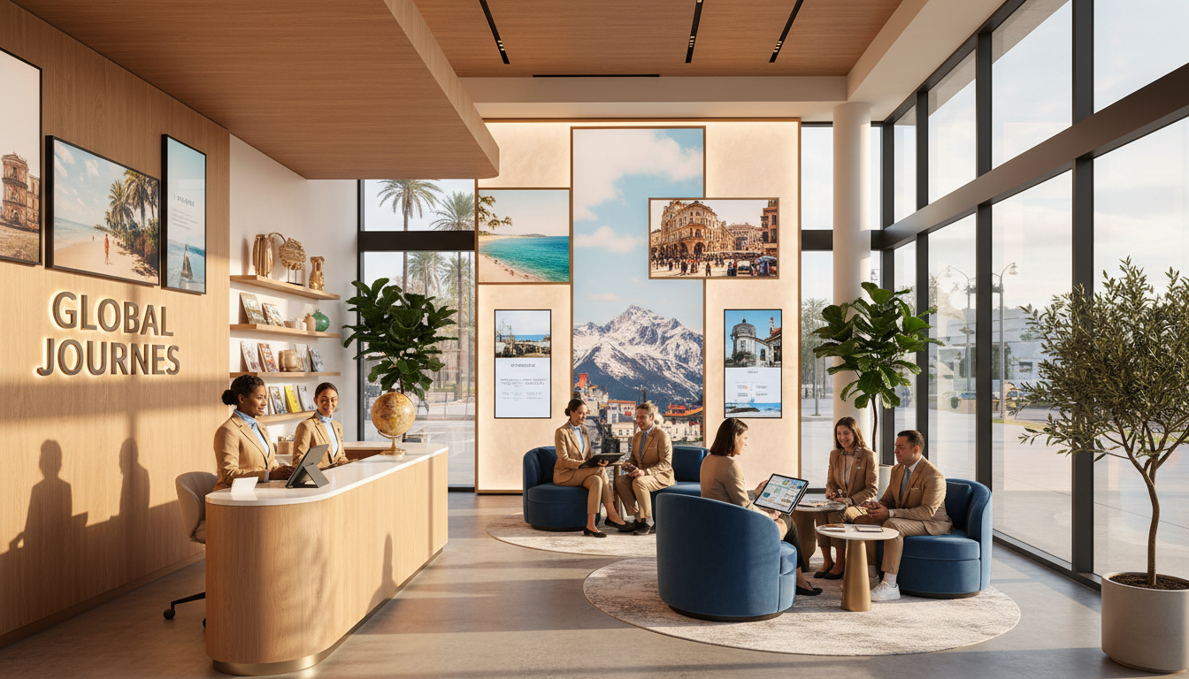 Modern luxury travel agency showroom with consultants assisting diverse clients amid destination displays and natural light