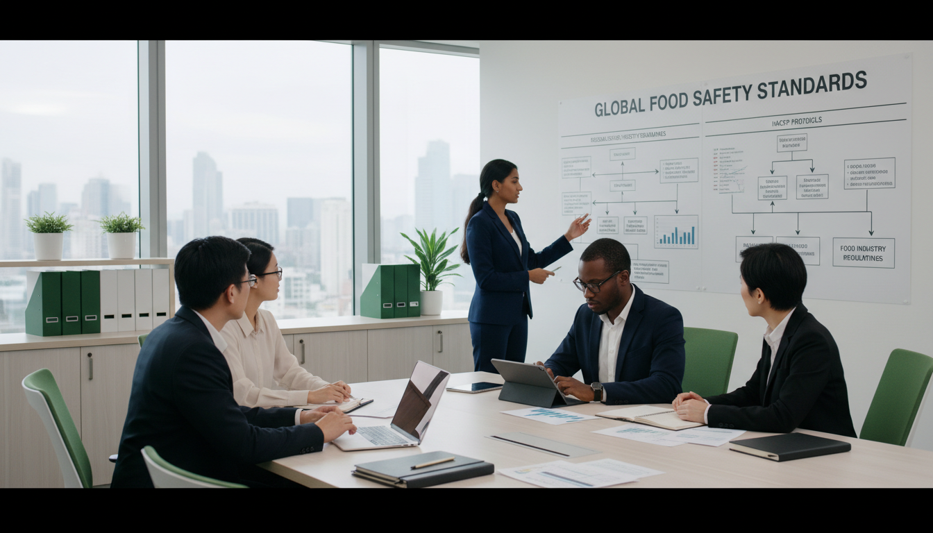 Diverse team of regulatory consultants collaborating in modern office, reviewing compliance charts and food safety documentation