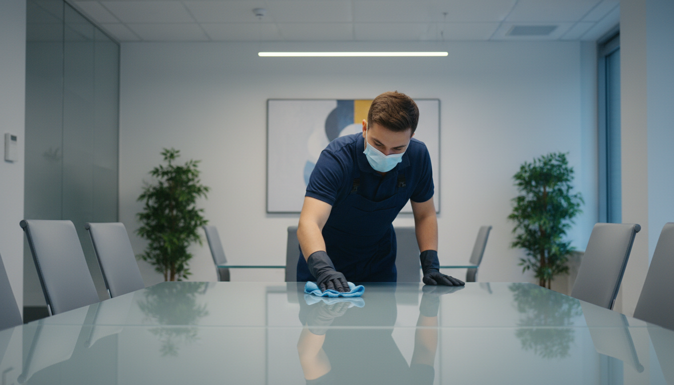 employee cleaning desk