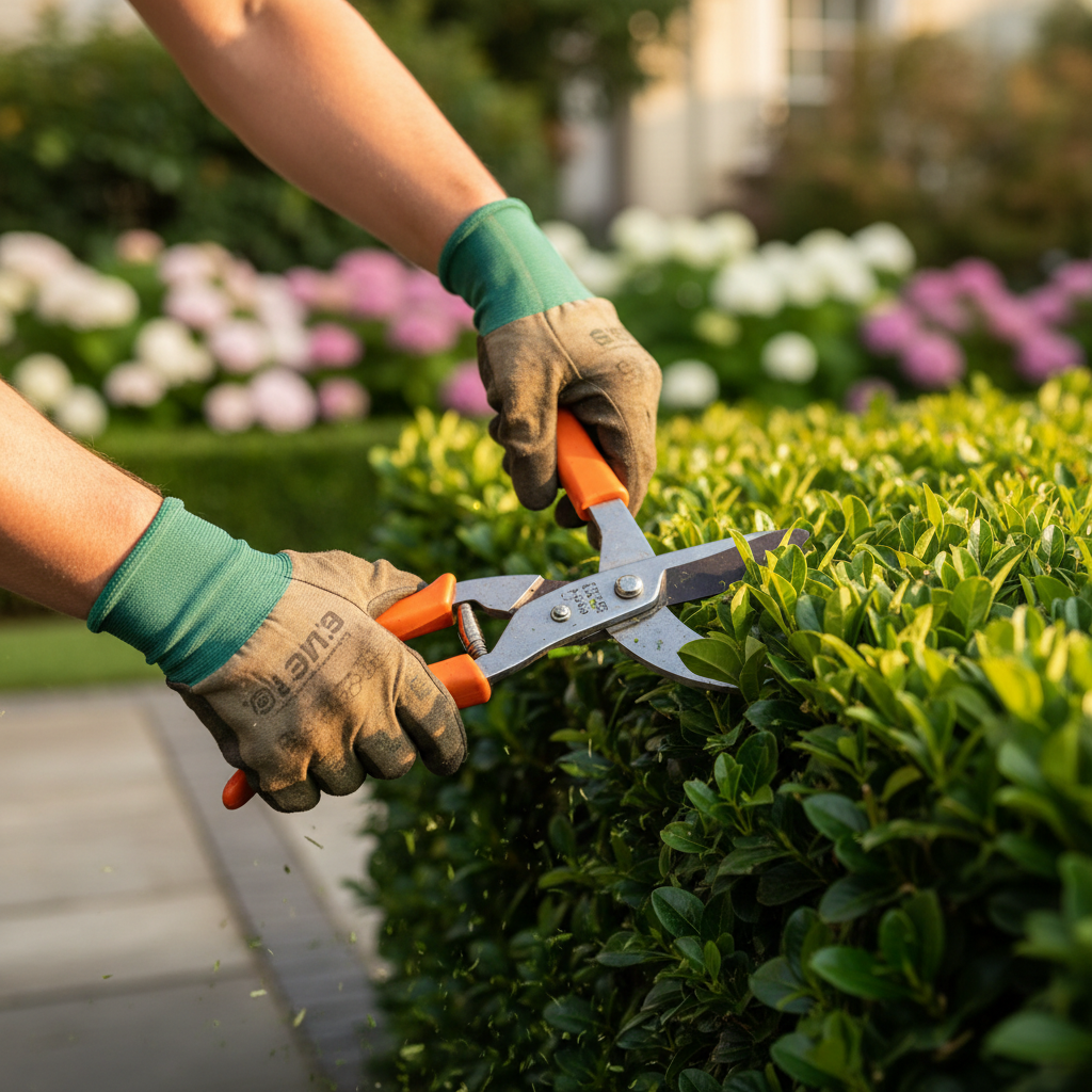 Landscaper's gloved hands carefully trimming green hedges with professional pruning shears in afternoon sunlight