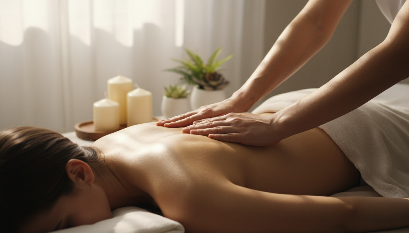 Massage therapist's skilled hands performing deep tissue therapy on relaxed client's shoulder in serene spa setting Massage therapist's skilled hands performing deep tissue therapy on relaxed client's shoulder in serene spa setting
