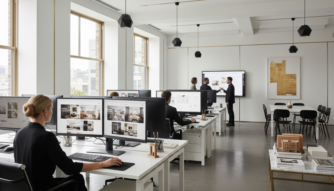 Design agency team collaborating on luxury real estate websites in modern minimalist open-plan office with natural light and contemporary furnishings