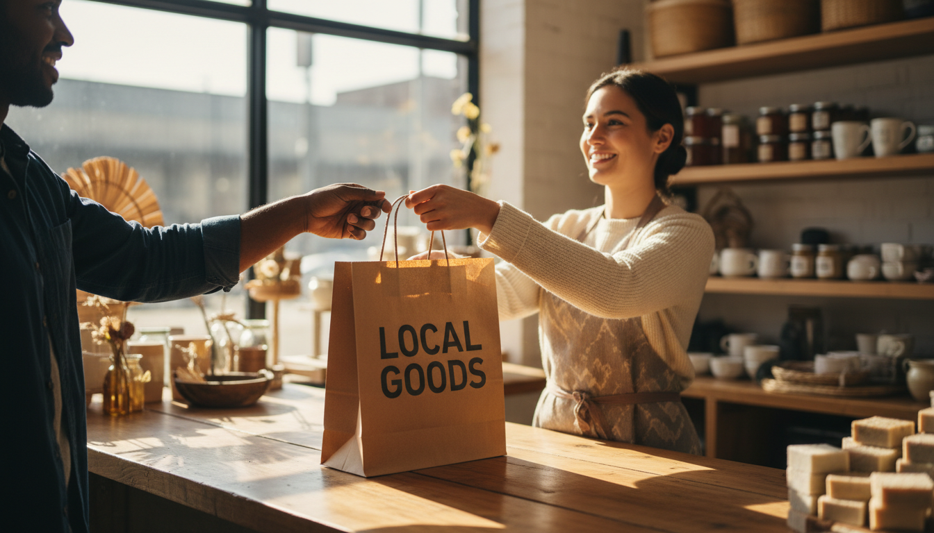 Real-world connections begin with a recognizable digital presence that reflects your shop's personality. A local shop owner showing a branded Instagram post to a customer across the counter in a warm retail setting.