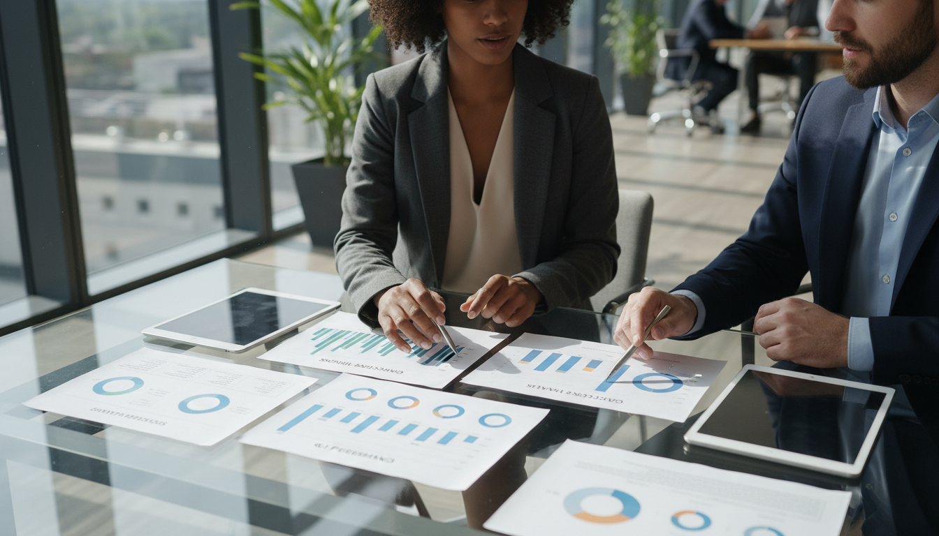 Two professionals reviewing strategic documents and data dashboards at a glass conference table in natural daylight