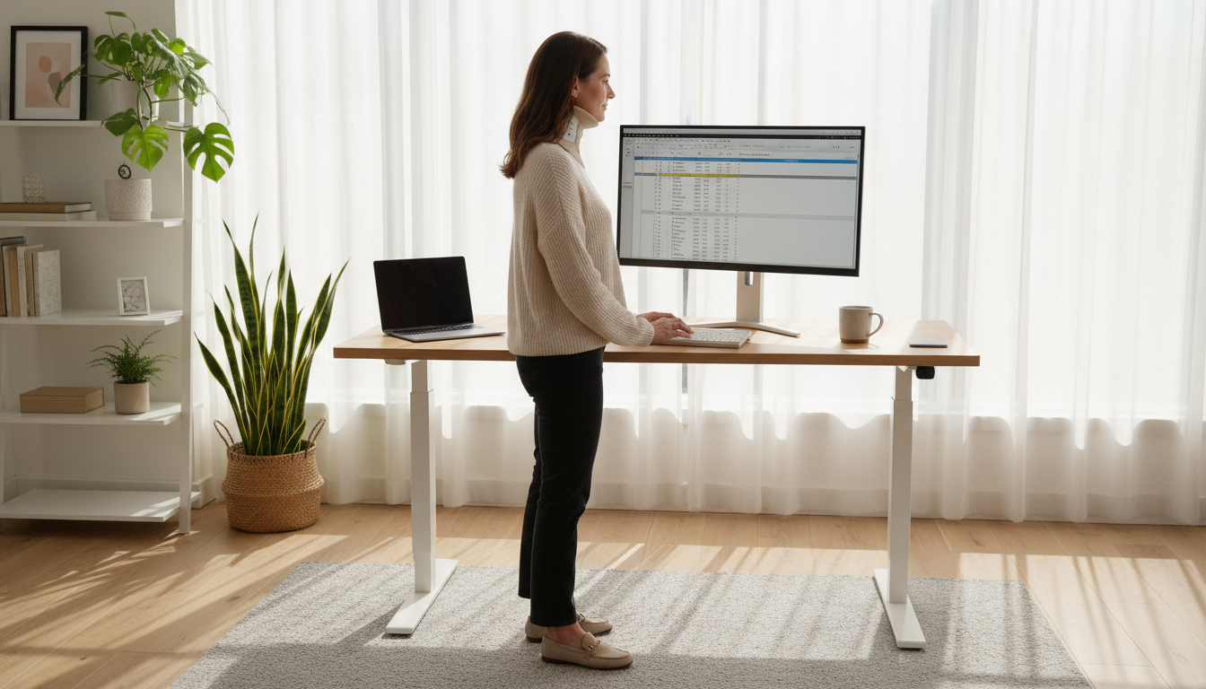 Hours at a desk can lead to spinal compression and chronic muscle tension. A professional in an office setting rubbing their lower back while sitting at a computer desk.