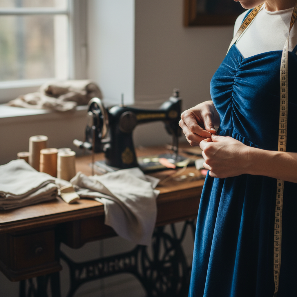 Master tailor's hands carefully pinning seam on dress form with precision and measuring tape visible