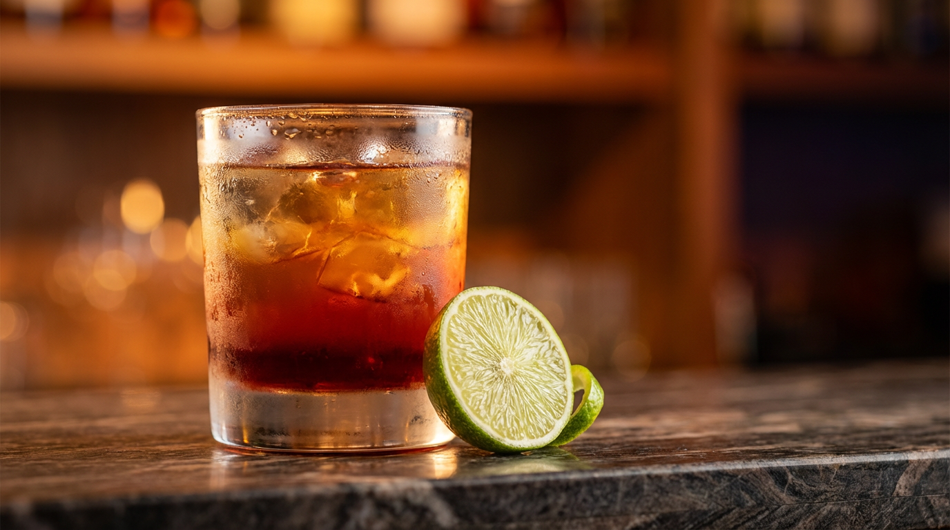 Close-up of a vibrant cocktail glass with citrus garnish and golden bokeh background, cinematic lighting.