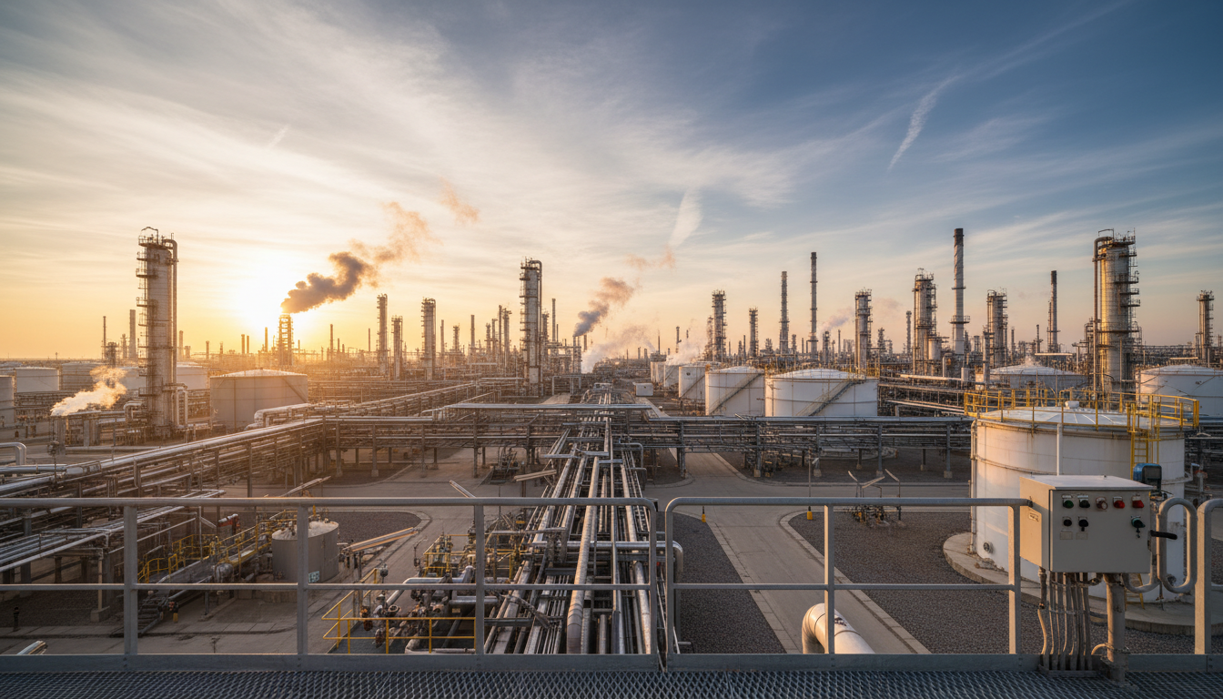 Expansive petroleum refinery facility with distillation towers and pipelines illuminated by golden hour sunlight