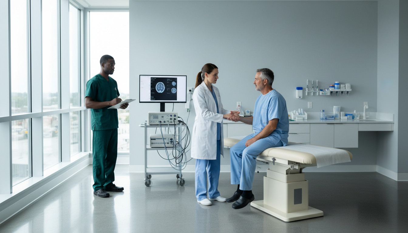 Bright modern neurology examination room with patient on table, physician performing assessment, EMG equipment visible