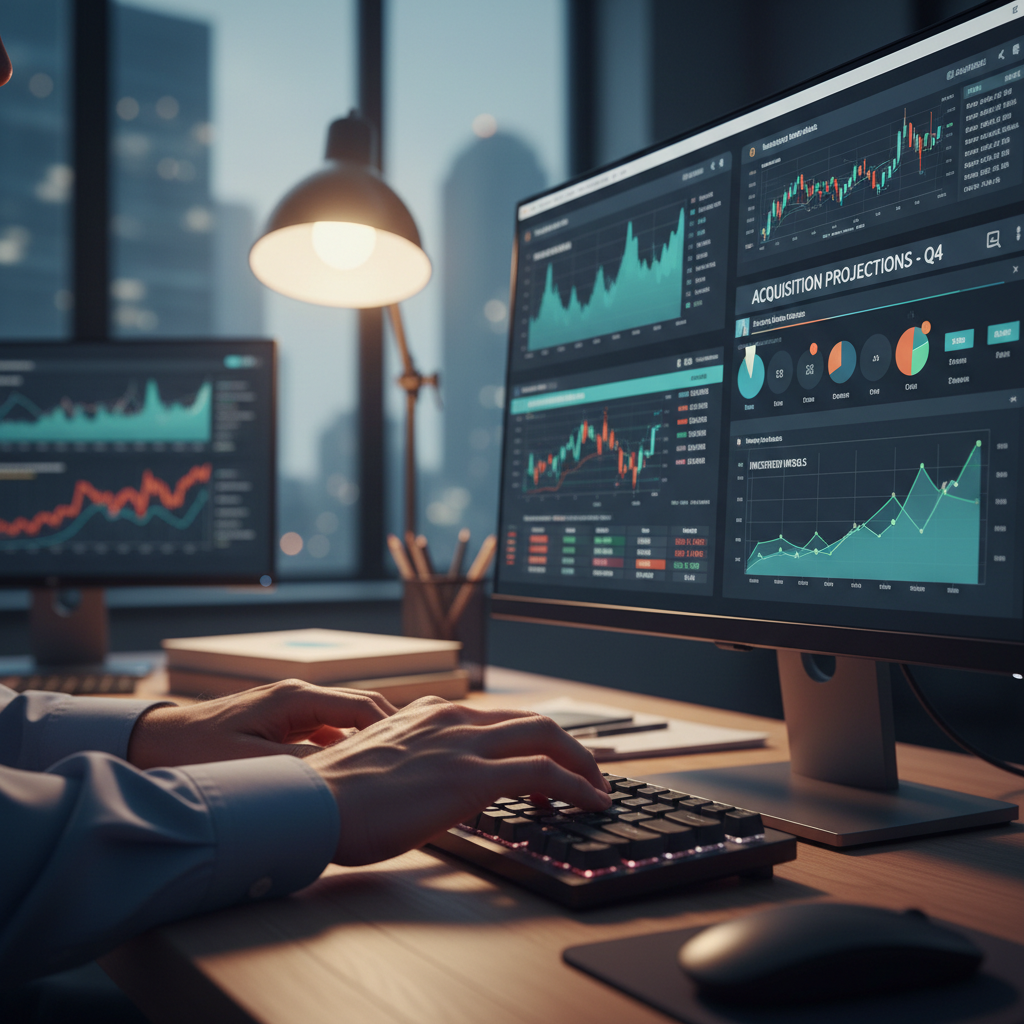 Financial analyst's hands typing investment models and acquisition projections on desktop computer with dashboard visible