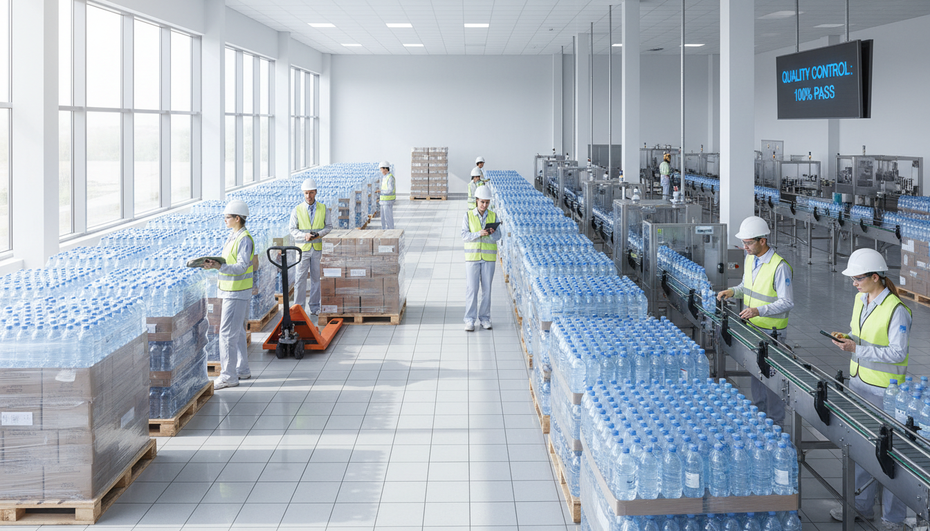 Modern water bottling facility interior with organized bottles, professional staff in uniforms, shelving systems, and natural daylight Modern water bottling facility interior with organized bottles, professional staff in uniforms, shelving systems, and natural daylight
