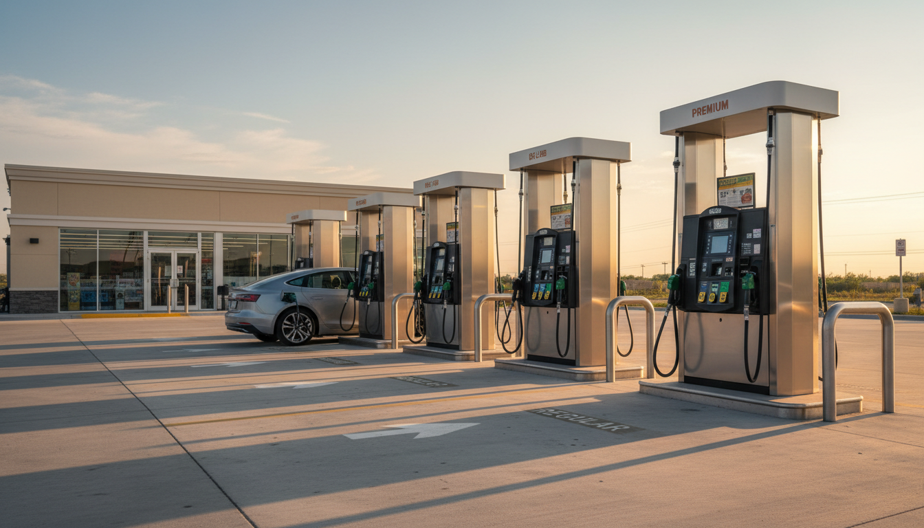Multiple fuel pumps in a row at a modern gas station during golden hour with vehicle refueling Multiple fuel pumps in a row at a modern gas station during golden hour with vehicle refueling