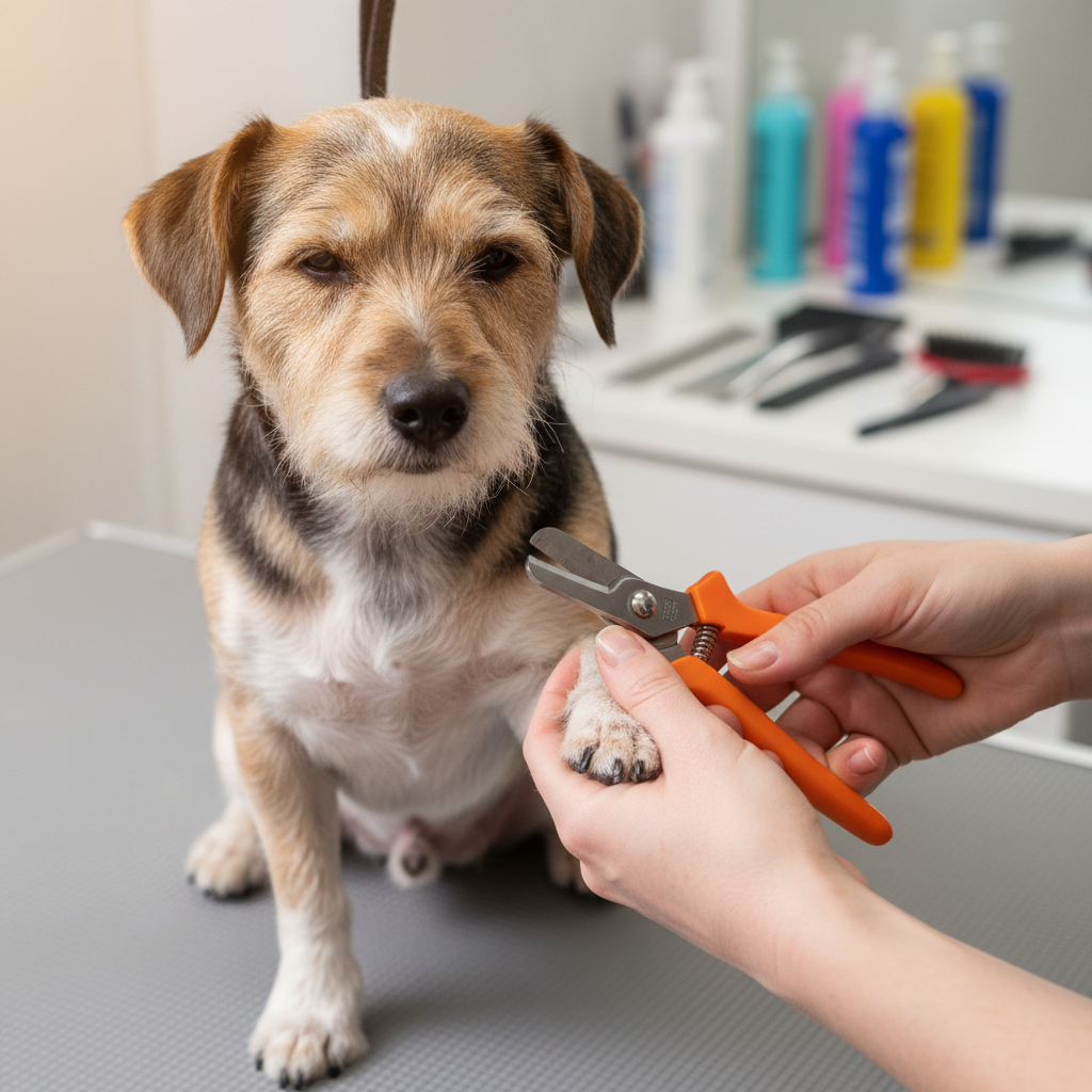 Groomer's hands precisely trimming nails of calm terrier mix on professional grooming table with specialized clippers Groomer's hands precisely trimming nails of calm terrier mix on professional grooming table with specialized clippers