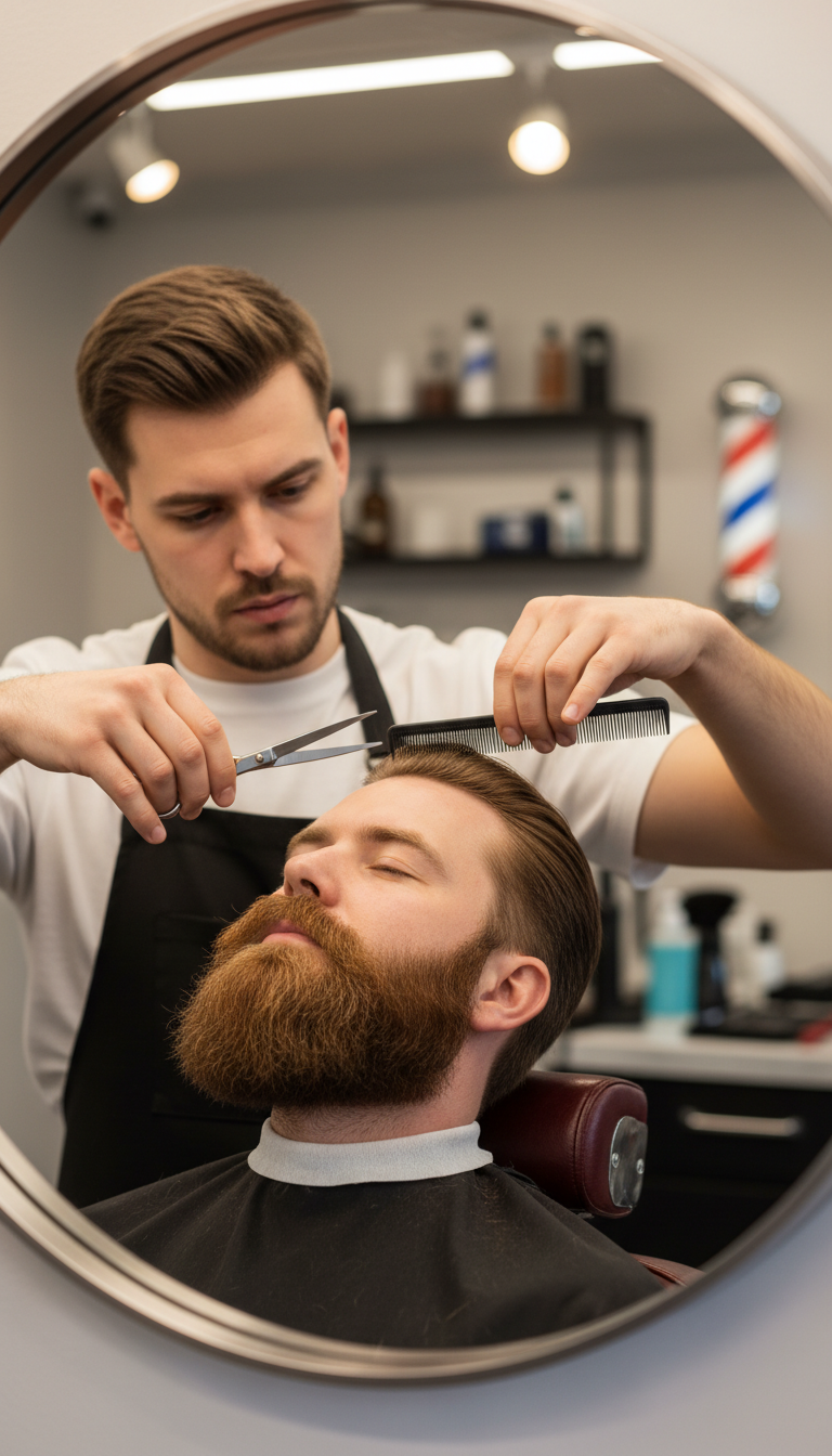 barber trimming beard