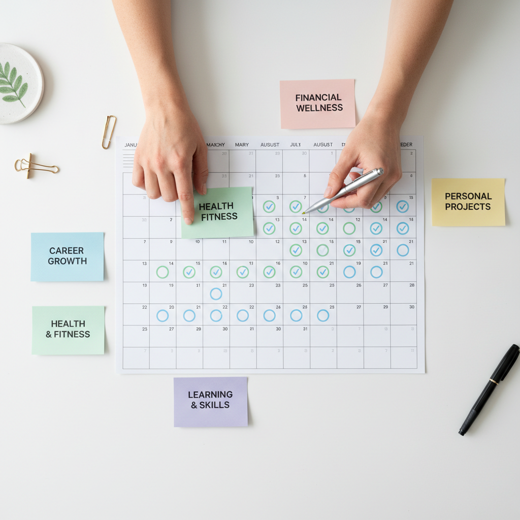 Overhead view of comprehensive yearly calendar with color-coded goal tracking, progress indicators, and handwritten objectives Overhead view of comprehensive yearly calendar with color-coded goal tracking, progress indicators, and handwritten objectives