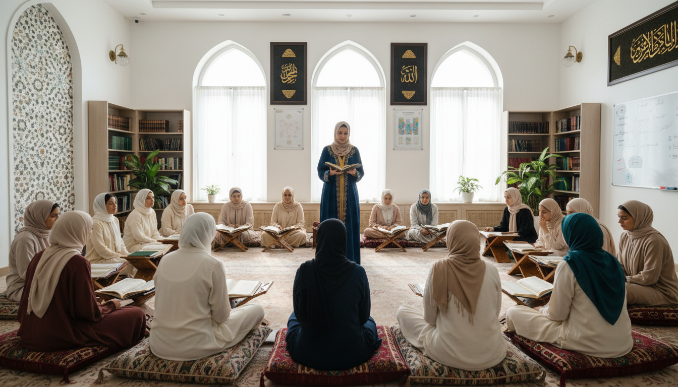 Diverse female students in semi-circle studying Islamic texts with teacher leading discussion in light-filled classroom