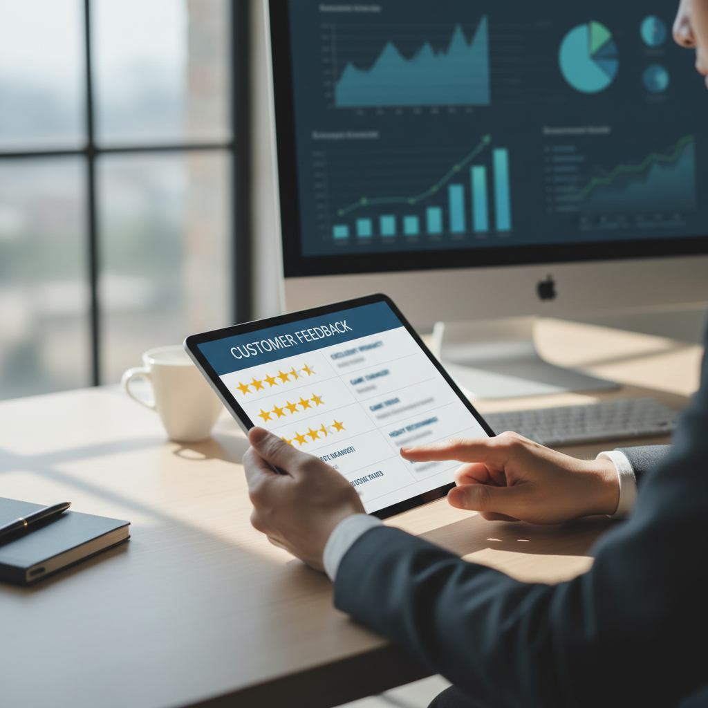 Marketing professional reviewing customer reviews and star ratings on tablet at modern minimalist workspace with natural light Marketing professional reviewing customer reviews and star ratings on tablet at modern minimalist workspace with natural light