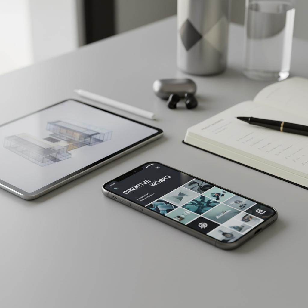 Professional smartphone or tablet displaying portfolio work surrounded by career-related materials Professional smartphone or tablet displaying portfolio work surrounded by career-related materials