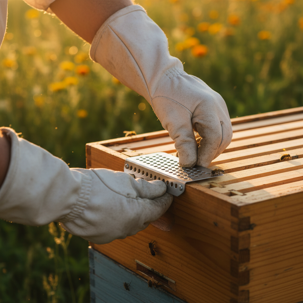 Beekeeper's hands installing protective entrance device onto wooden hive in soft golden sunlight, showing craftsmanship and equipment detail Beekeeper's hands installing protective entrance device onto wooden hive in soft golden sunlight, showing craftsmanship and equipment detail